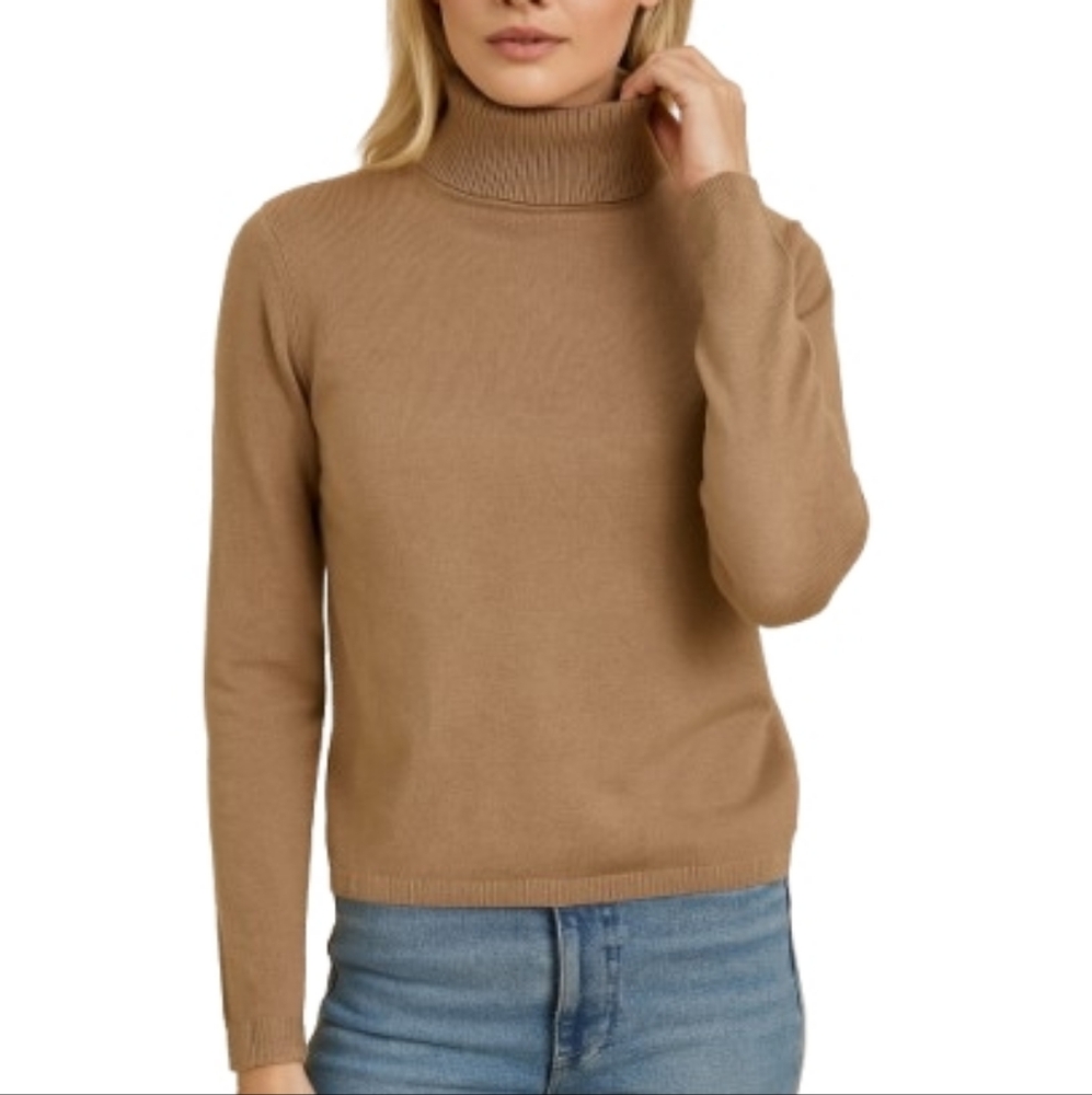 Parisian Tan Silk Blend‎ Ribbed Knit Turtleneck Sweater Large Neutral Classic